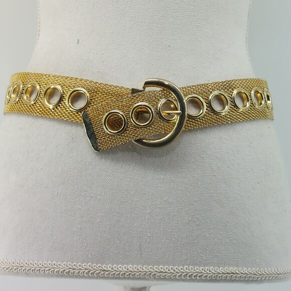 Gold Tone Women's Mesh Grommet Metal Belt 70s Disco Cosplay - Picture 2 of 12